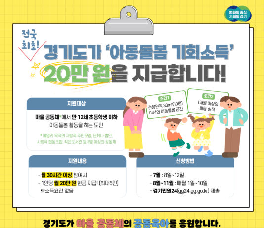 경기도, 7월 8일부터 아동돌봄 기회소득 신청자 모집